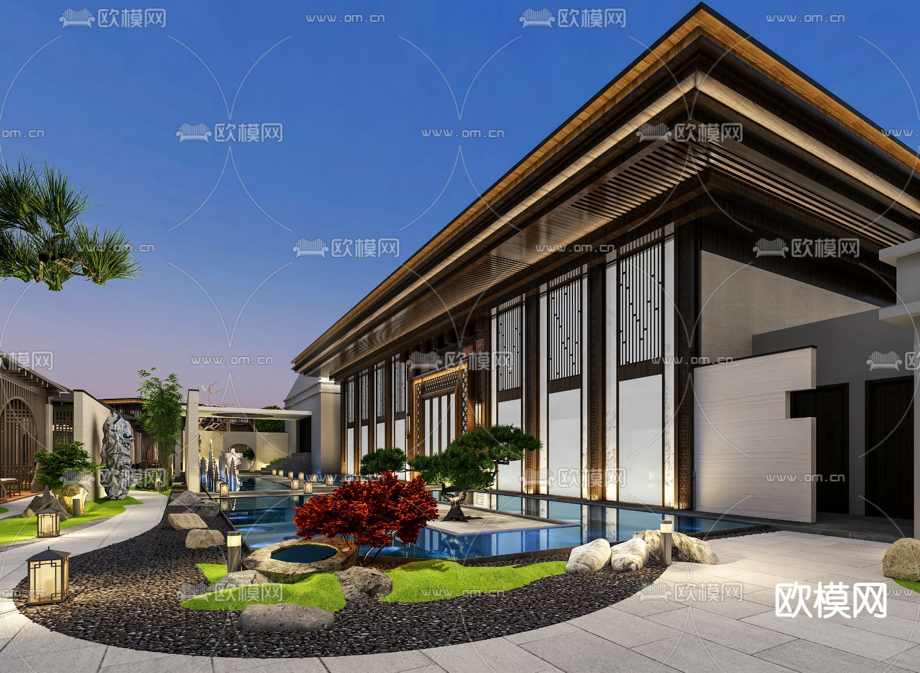 新中式会所 园林景观 花园3d模型下载