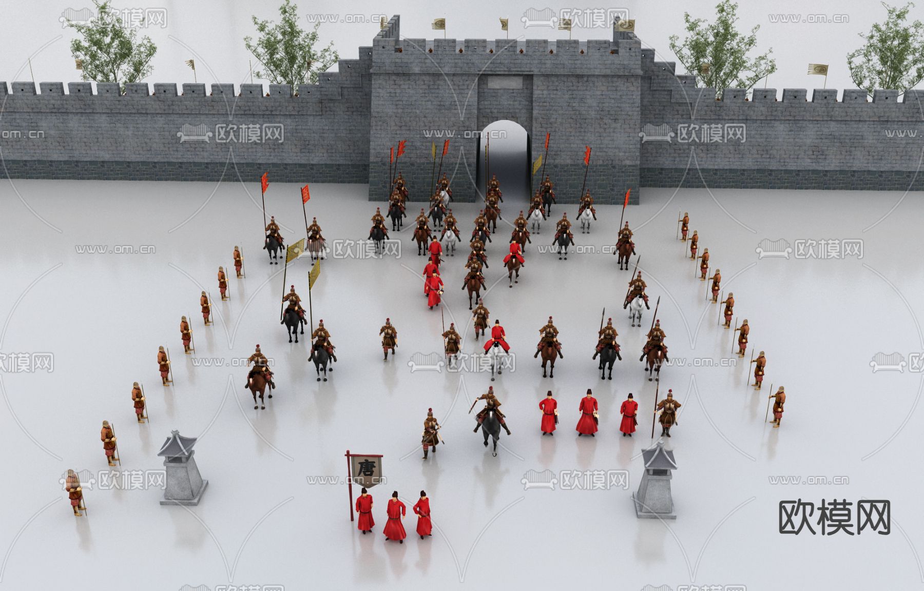 古代城墙 官员 士兵 衙役 古建su模型下载（渲染图2）
