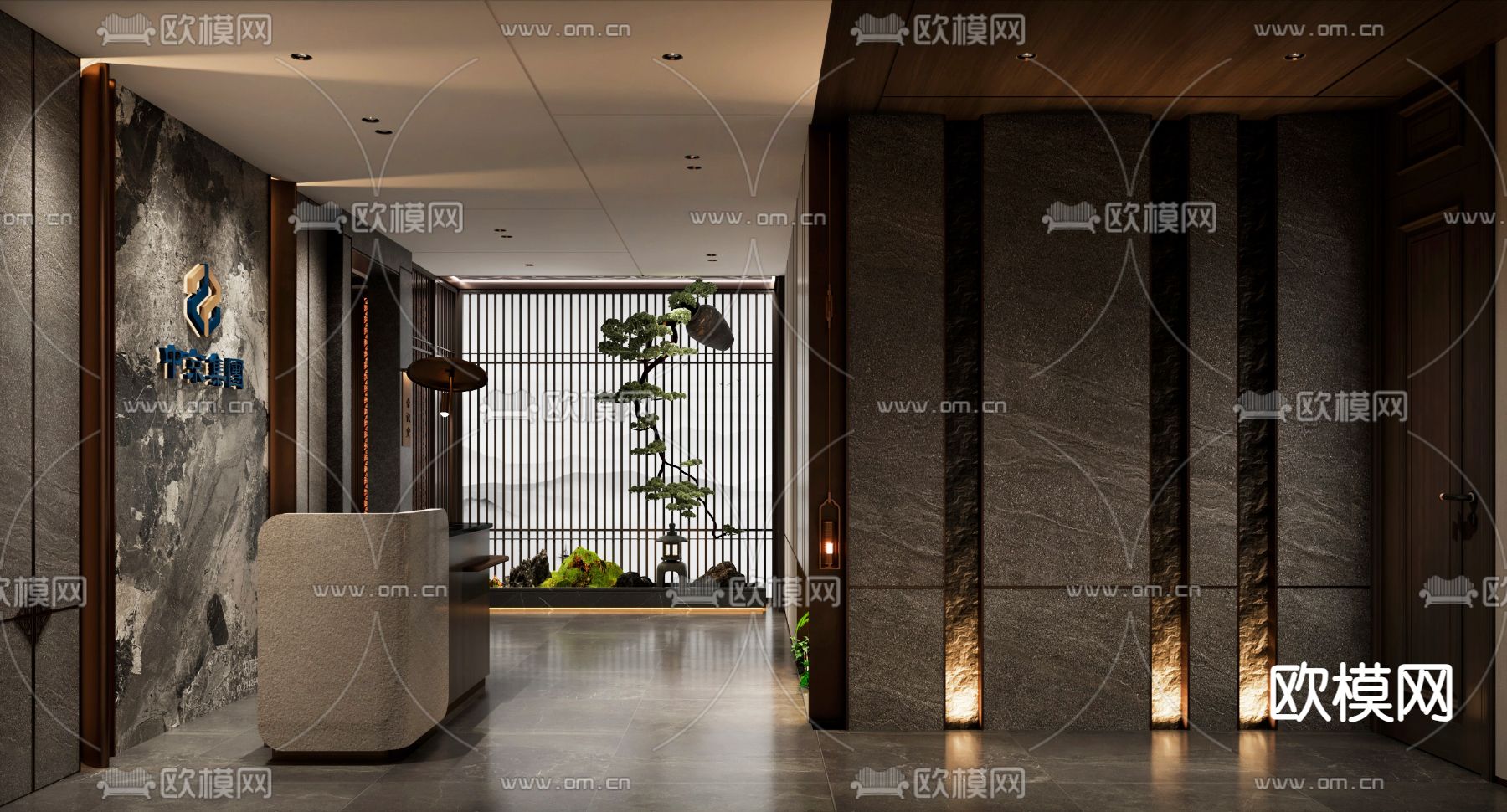 新中式前台 接待台3d模型下载（渲染图2）