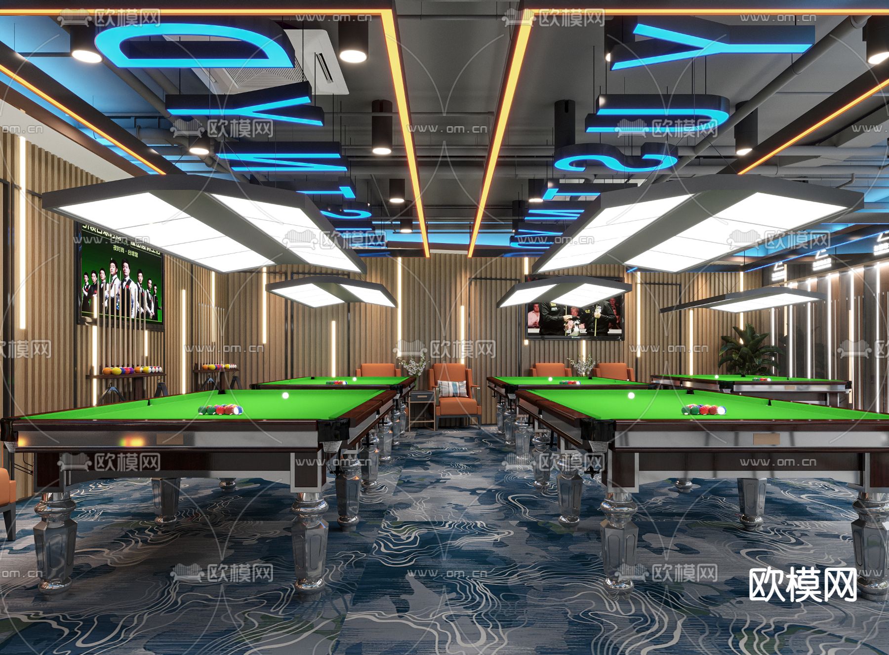 工业风台球室 台球厅3d模型下载（渲染图2）