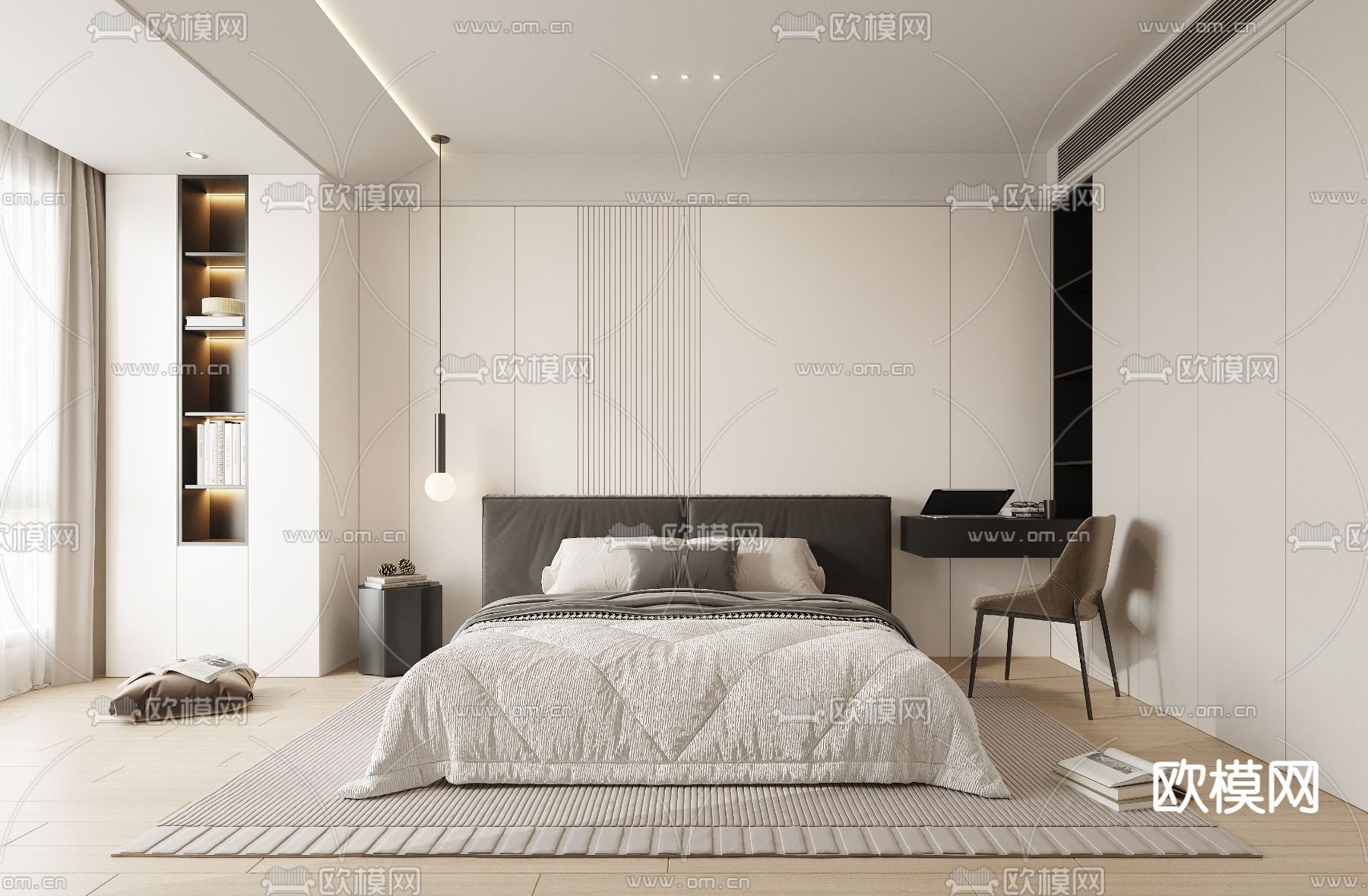 高级灰卧室 主人房3d模型下载（渲染图1）