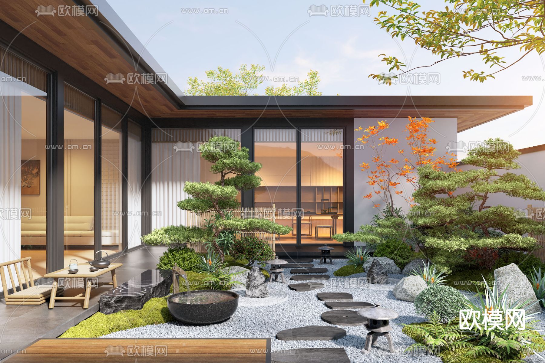 新中式庭院景观 别墅庭院3d模型下载