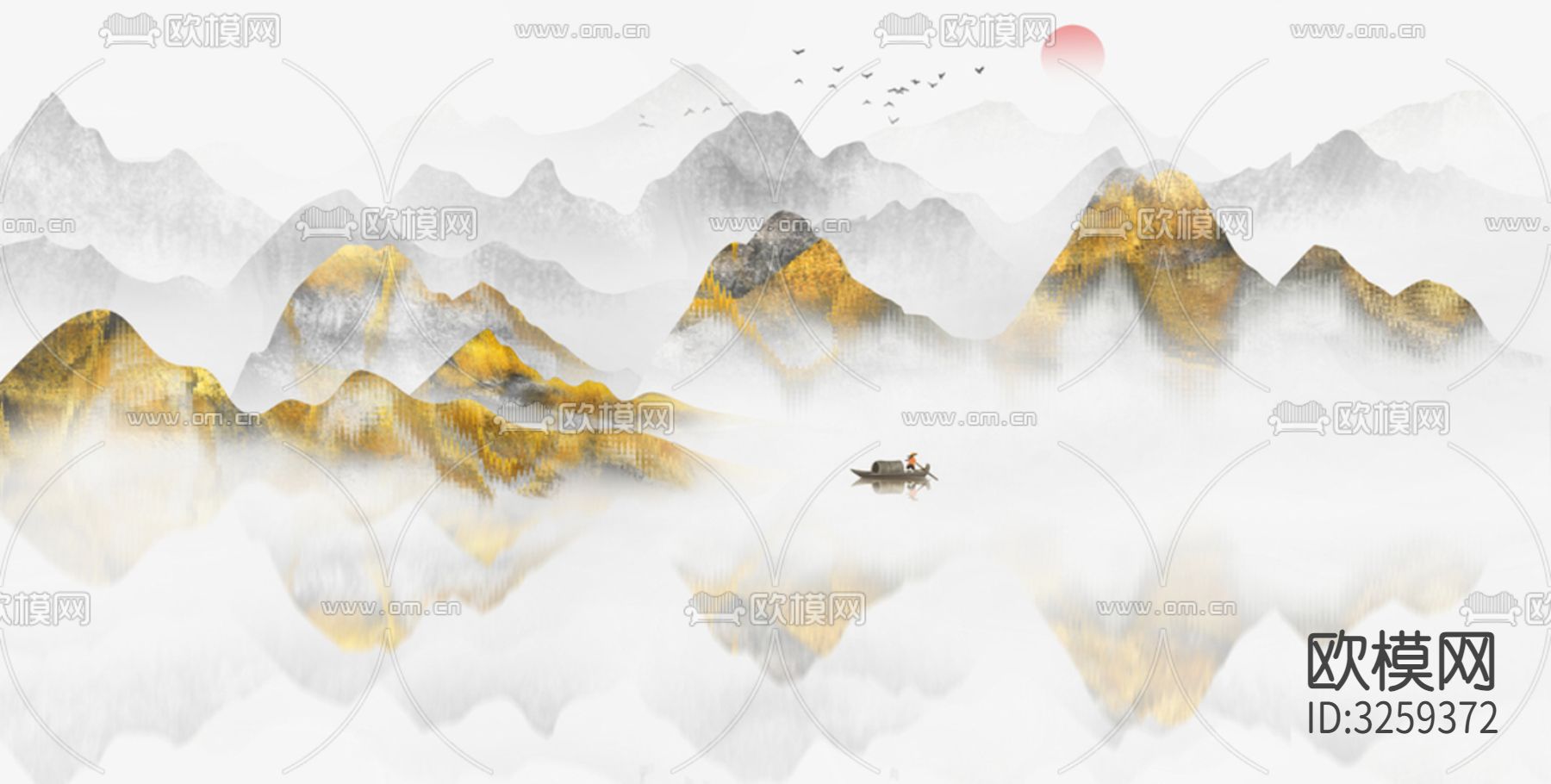 现代中式山水装饰画贴图下载（渲染图2）