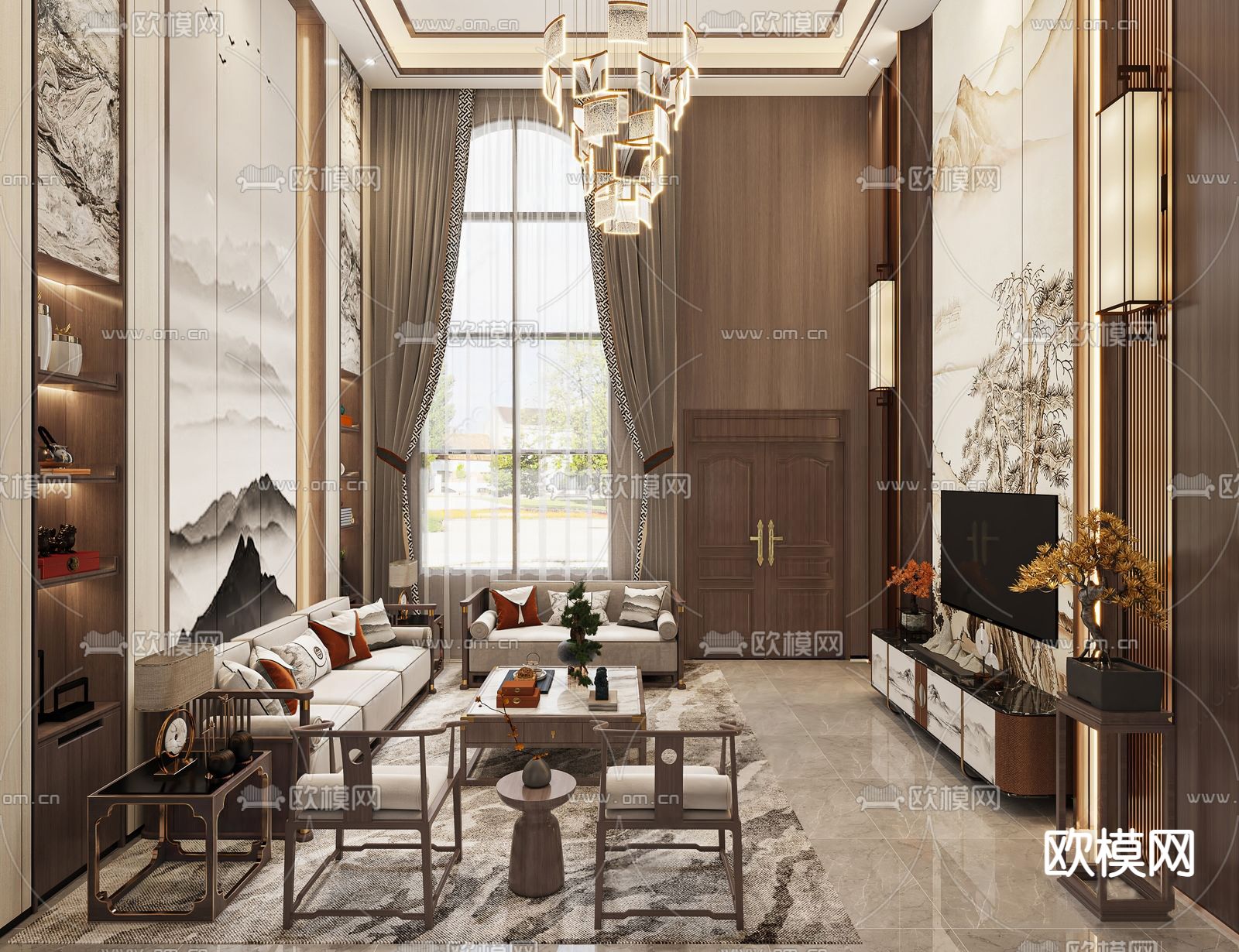 新中式别墅客厅 别墅大堂3d模型下载