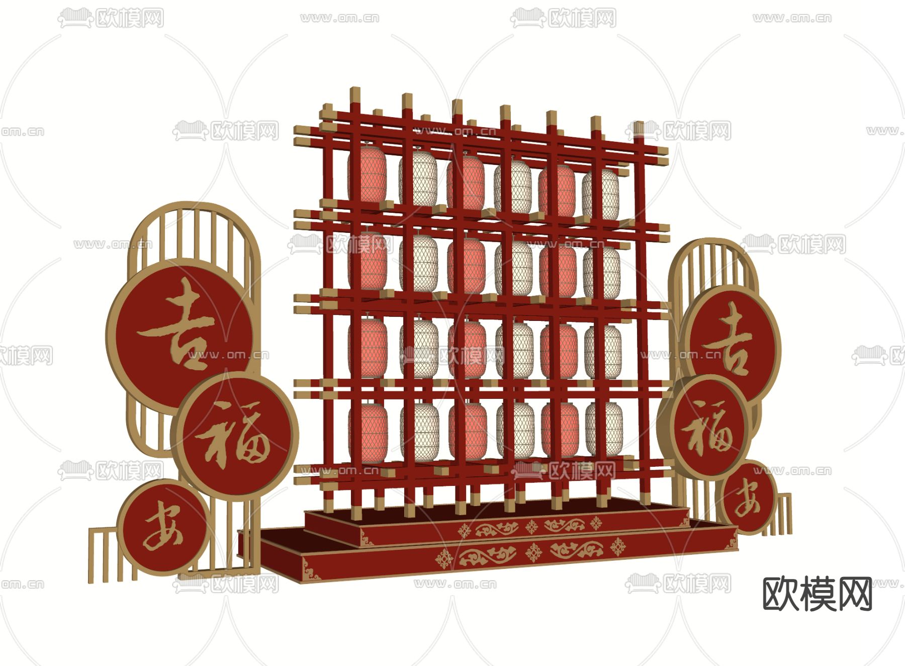 新中式网红美陈 灯墙 灯笼打卡墙su模型下载（渲染图1）