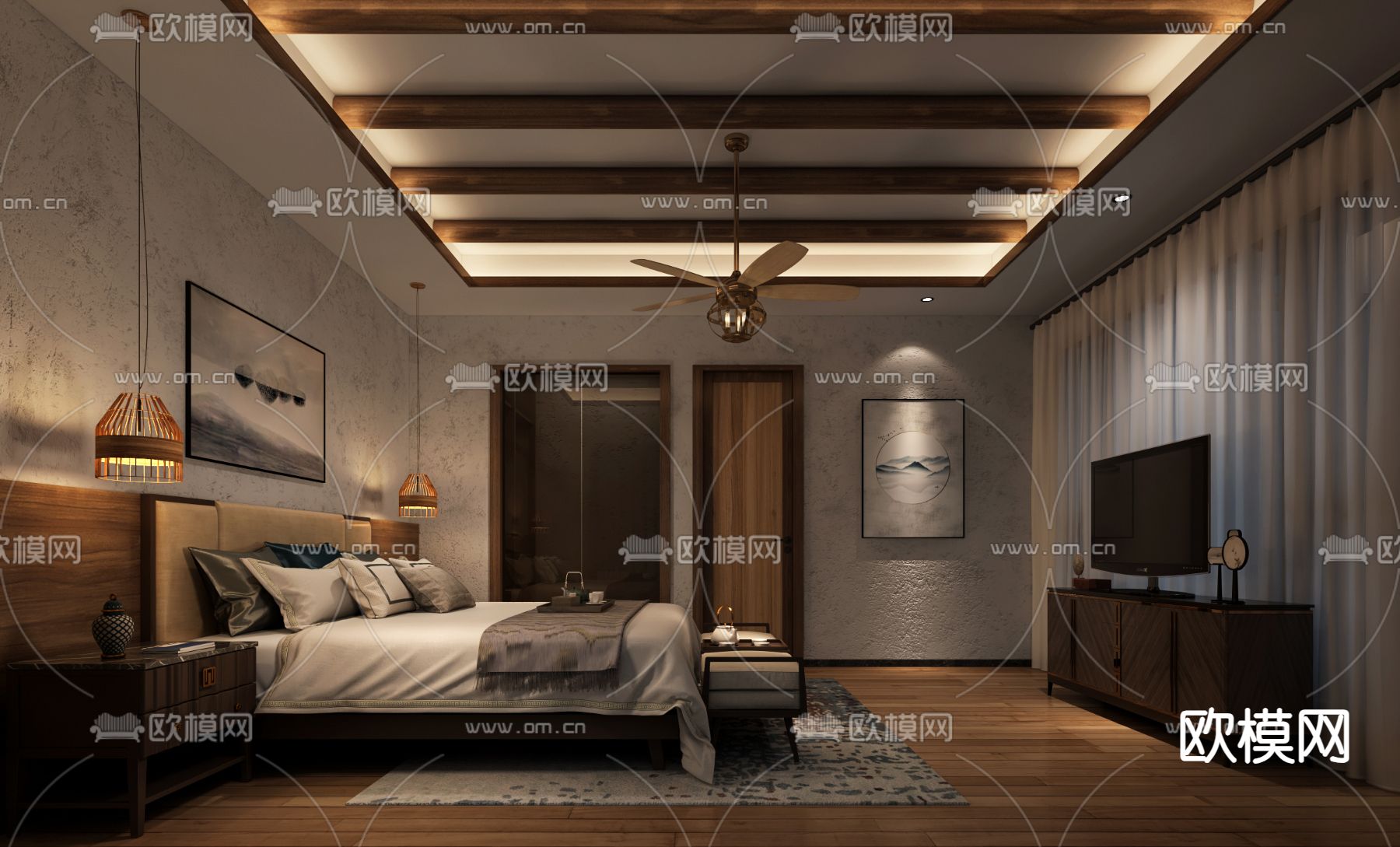 新中式民宿房间3d模型下载