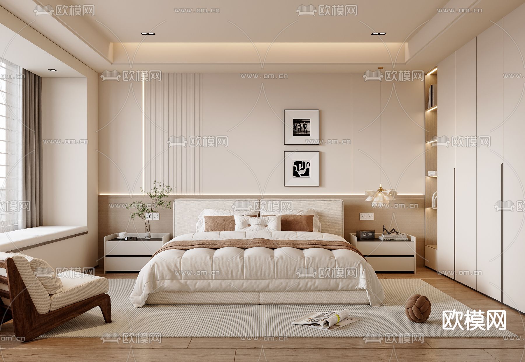 奶油风卧室 主人房3d模型下载