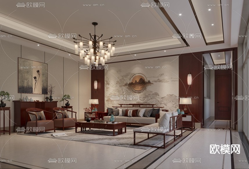 中式客厅3d模型下载_ID15264113_3dmax免费模型-欧模网