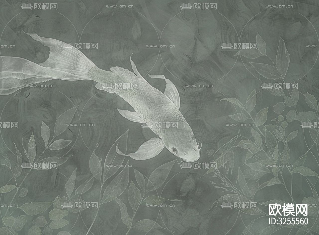 绿色中式金鱼锦鲤挂画贴图下载