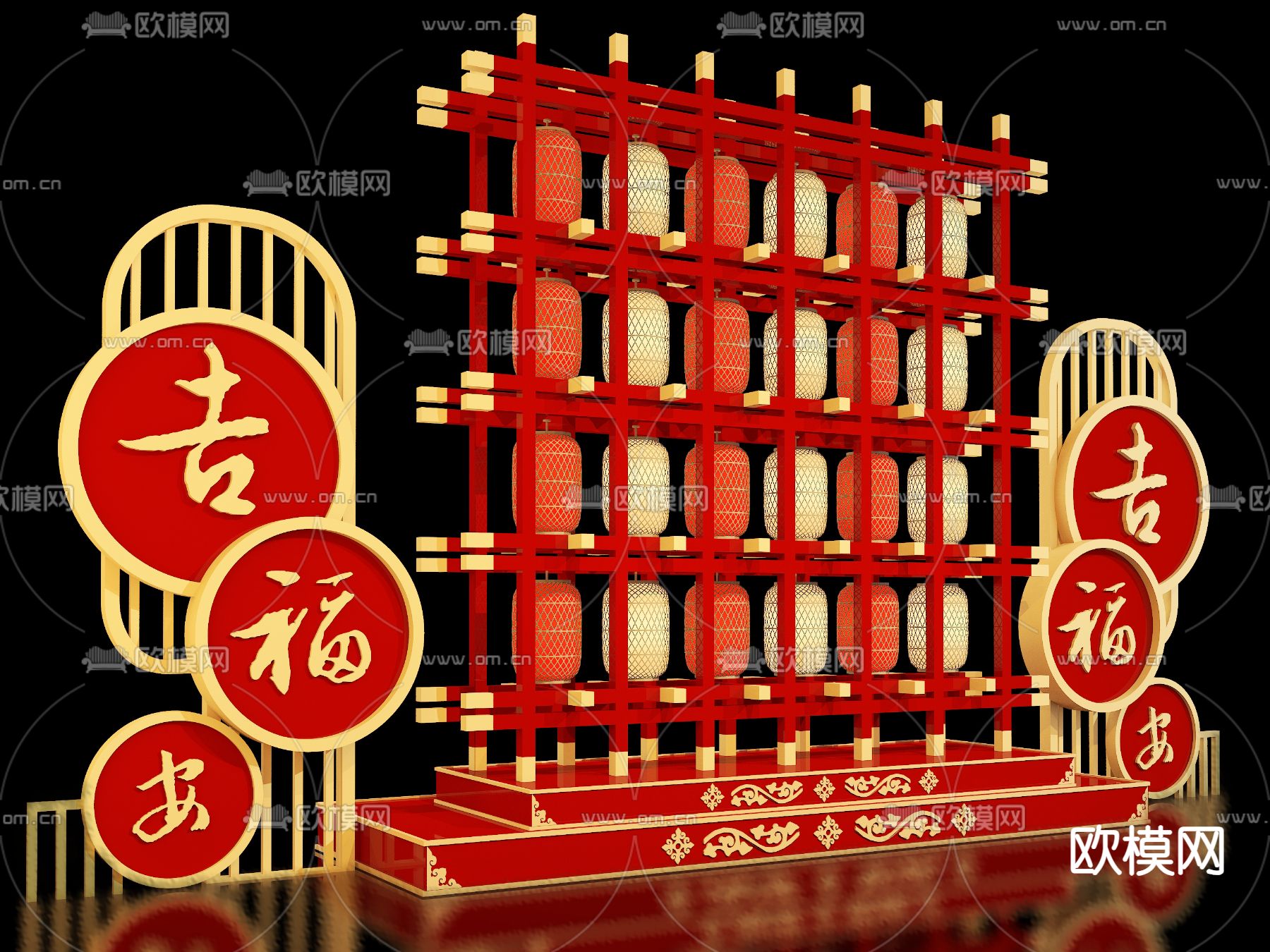 新中式网红美陈 灯墙 灯笼打卡墙su模型下载（渲染图2）