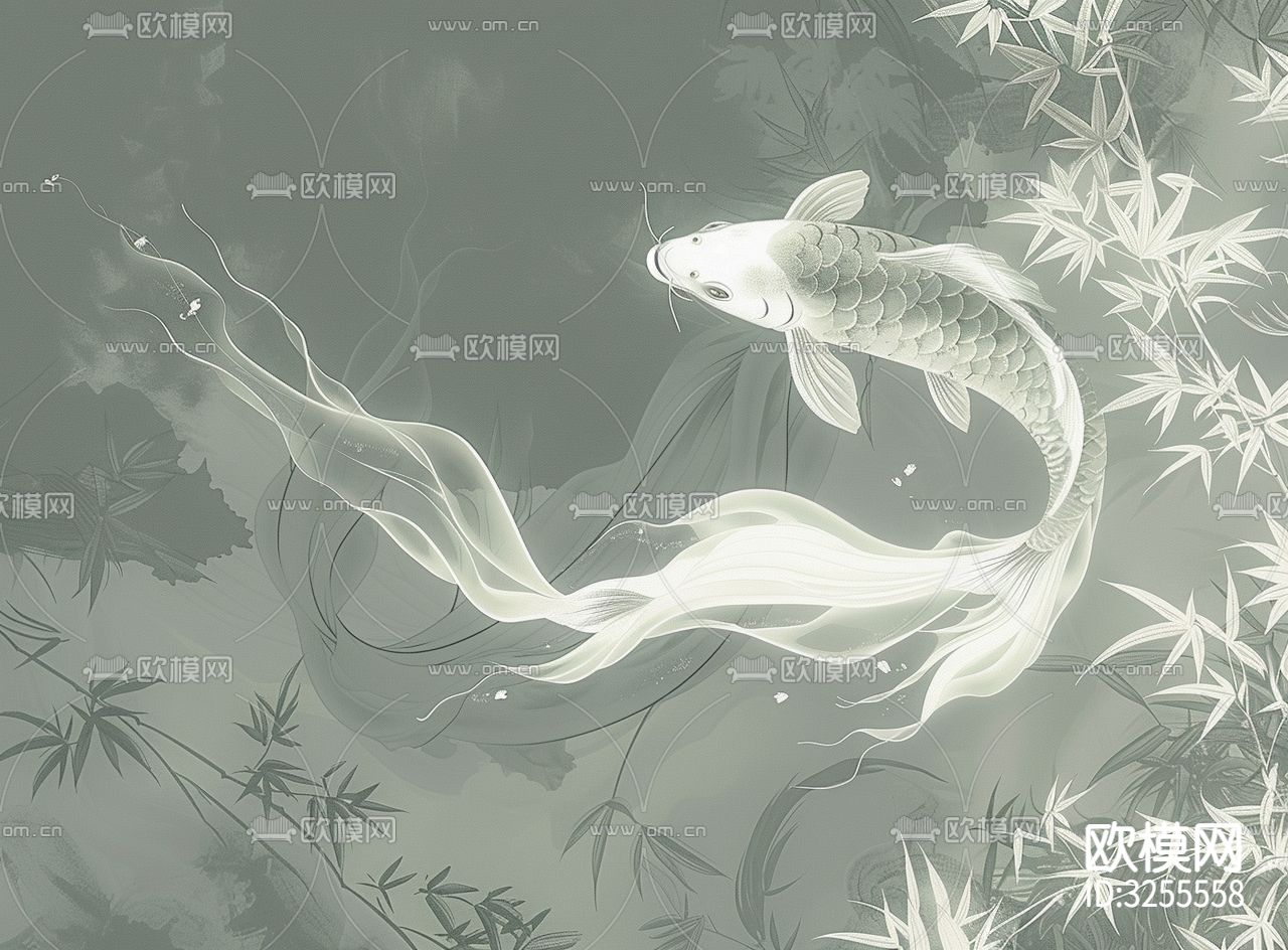 绿色中式金鱼锦鲤挂画贴图下载