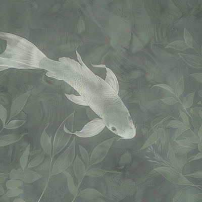  绿色中式金鱼锦鲤挂画贴图 