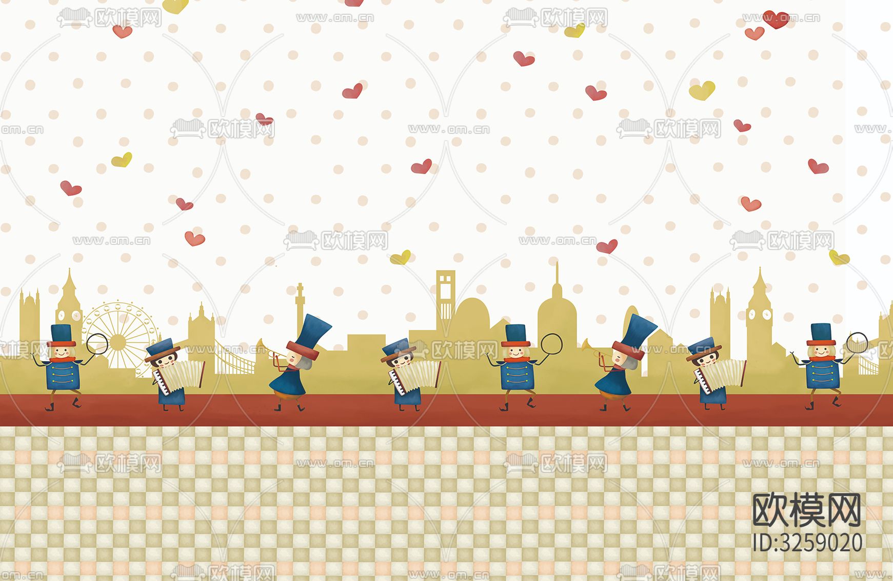 儿童房卡通壁纸贴图下载（渲染图1）