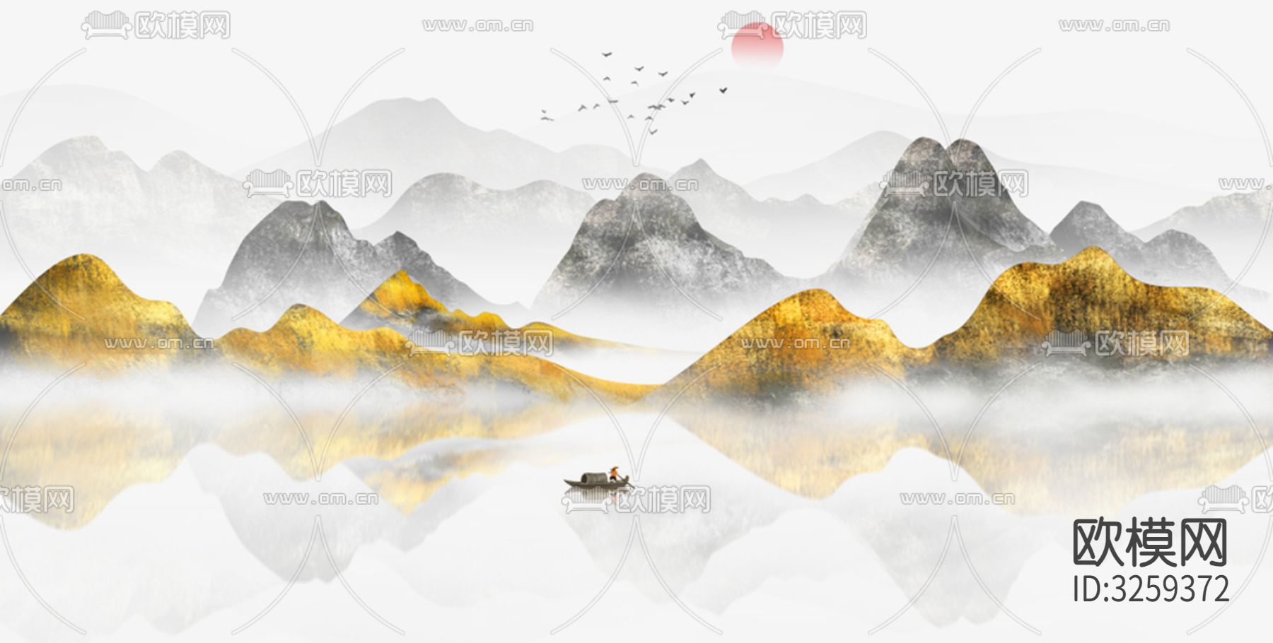 现代中式山水装饰画贴图下载（渲染图1）