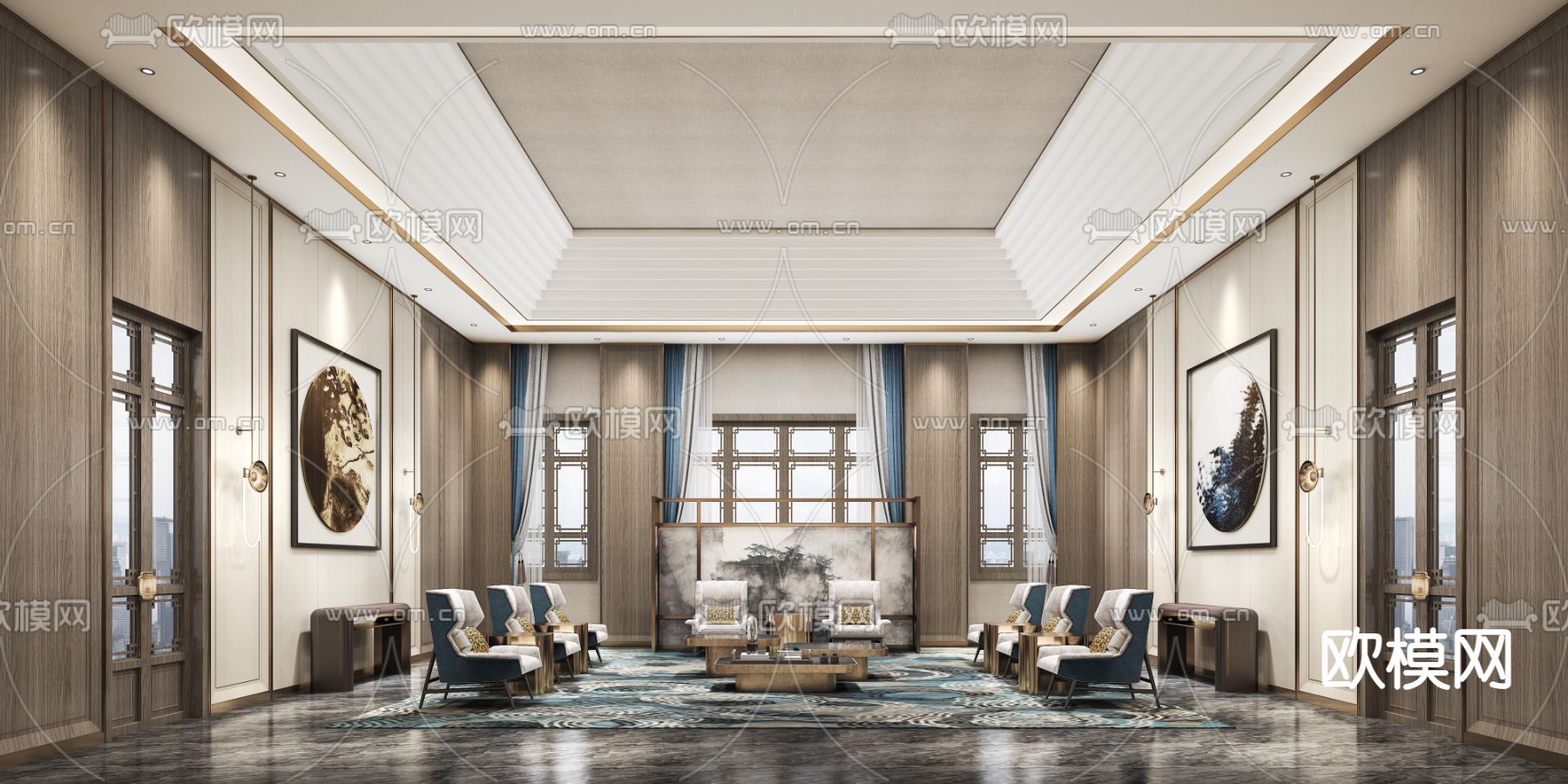 新中式酒店贵宾室会客室3d模型下载