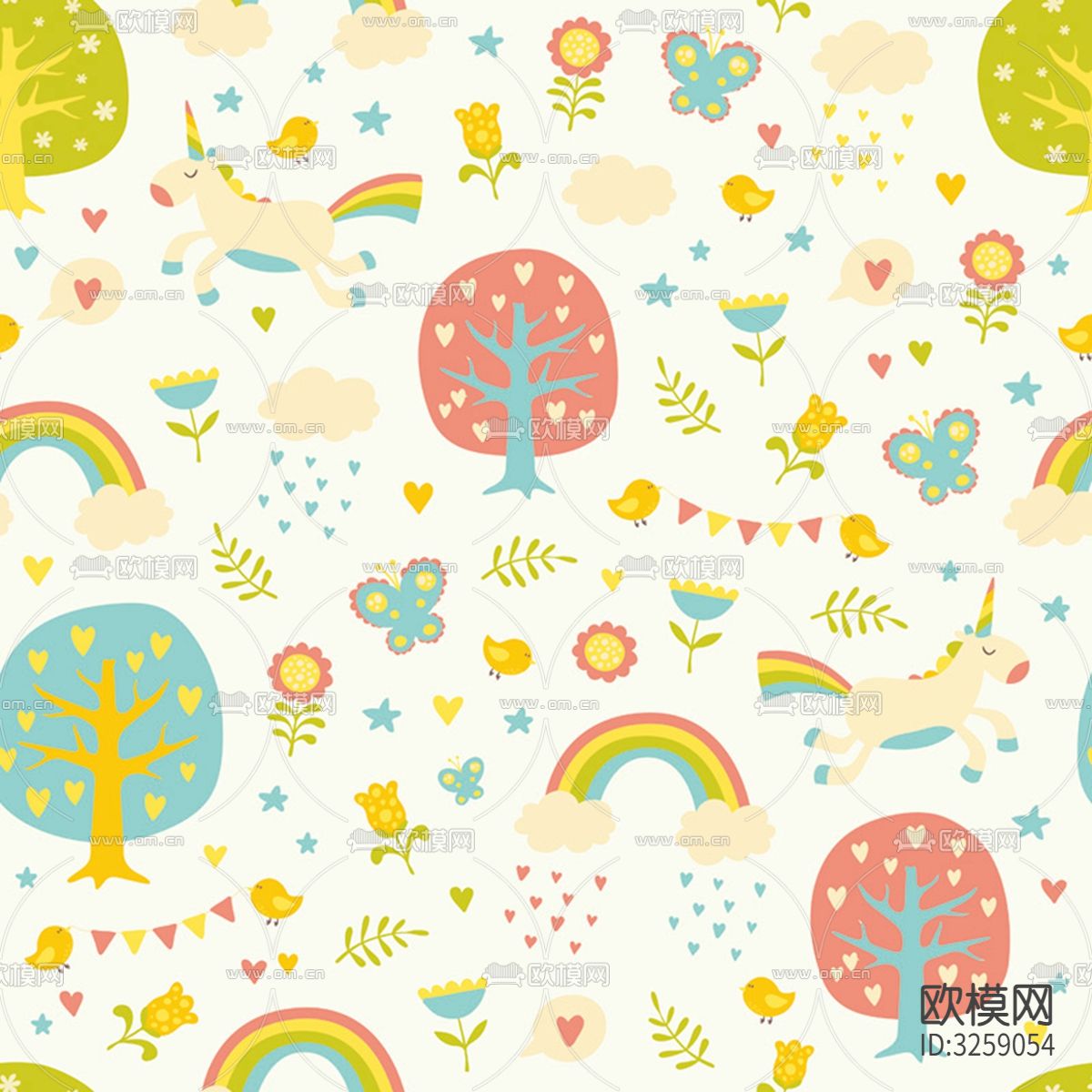 儿童房卡通壁纸贴图下载（渲染图4）