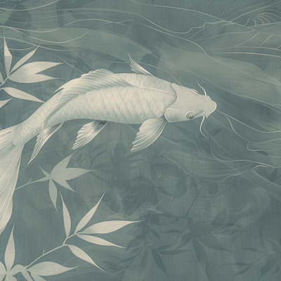  绿色中式金鱼锦鲤挂画贴图 