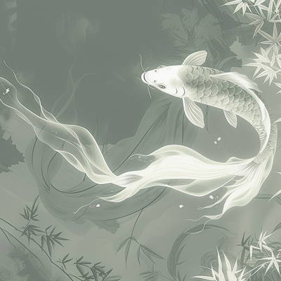  绿色中式金鱼锦鲤挂画贴图 