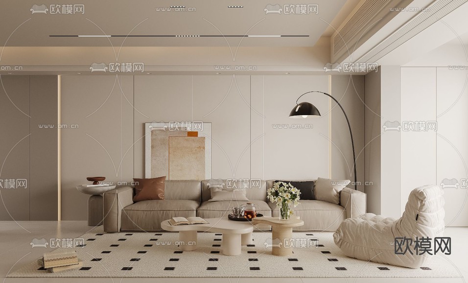 现代客厅 电视背景3d模型下载(渲染图2)