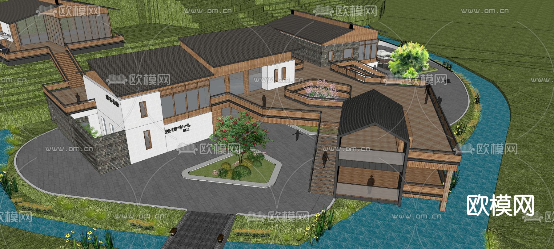 新中式民宿建筑su模型下载（渲染图1）