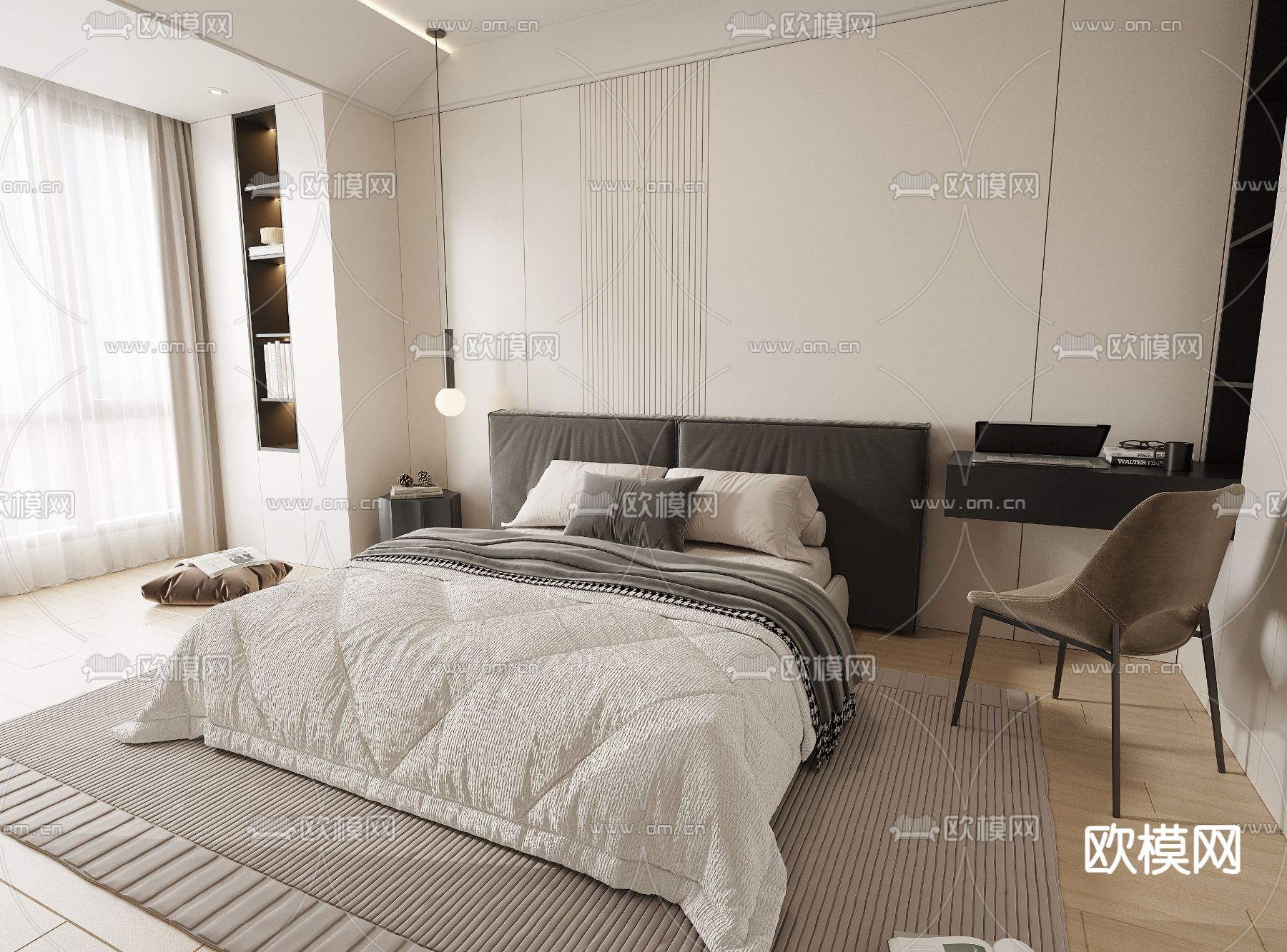 高级灰卧室 主人房3d模型下载（渲染图2）