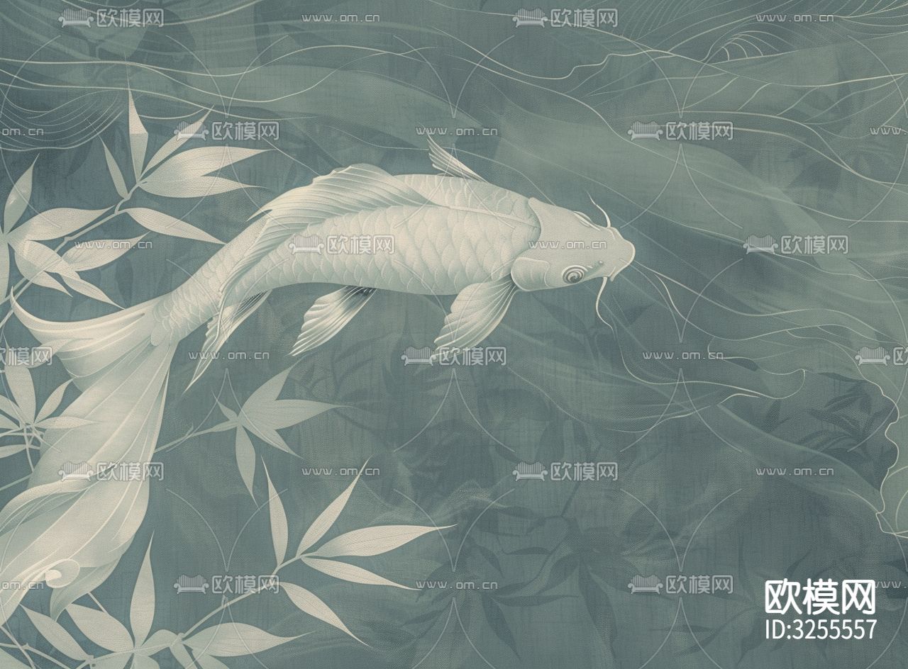 绿色中式金鱼锦鲤挂画贴图下载