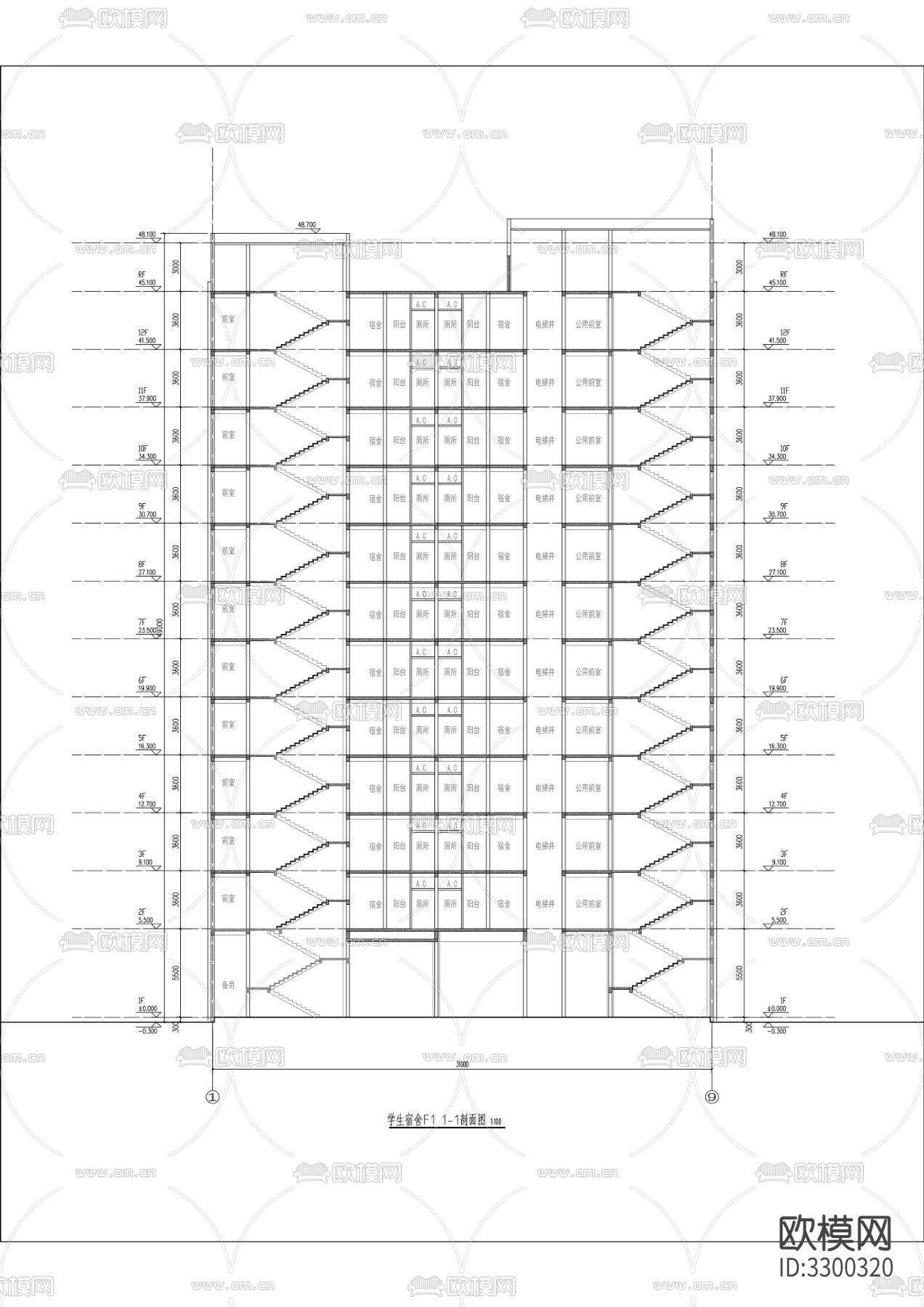 中学12层学生宿舍建筑cad施工图下载（渲染图2）