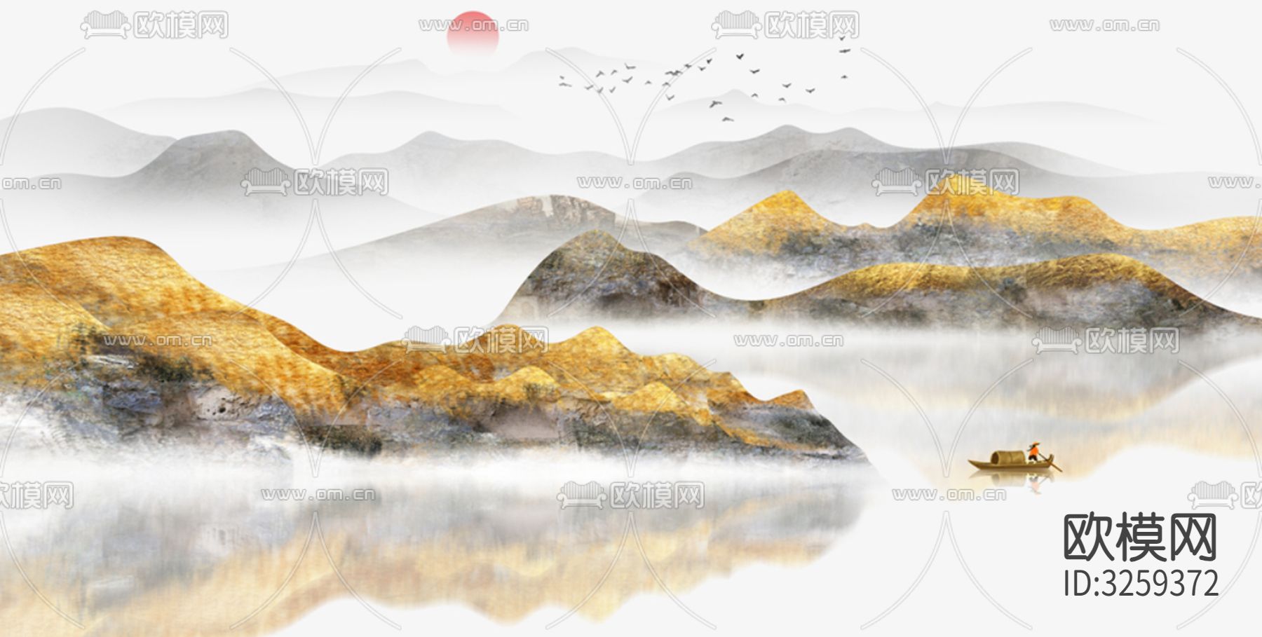 现代中式山水装饰画贴图下载（渲染图3）