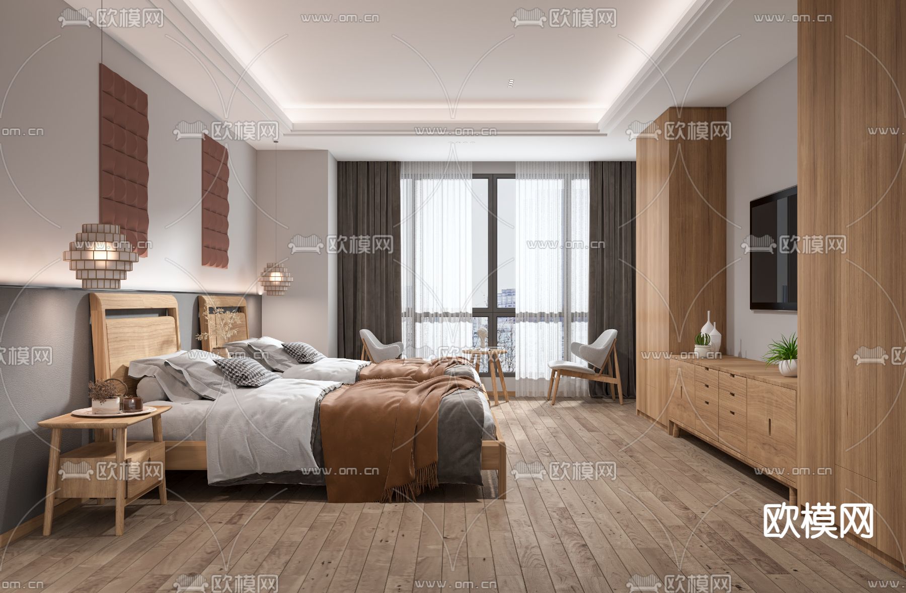 原木风民宿 客房 双床房3d模型下载