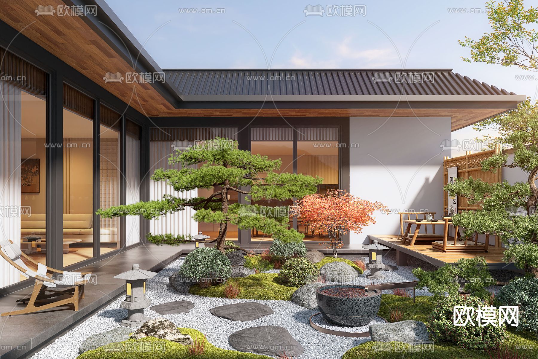 新中式庭院景观 别墅庭院3d模型下载