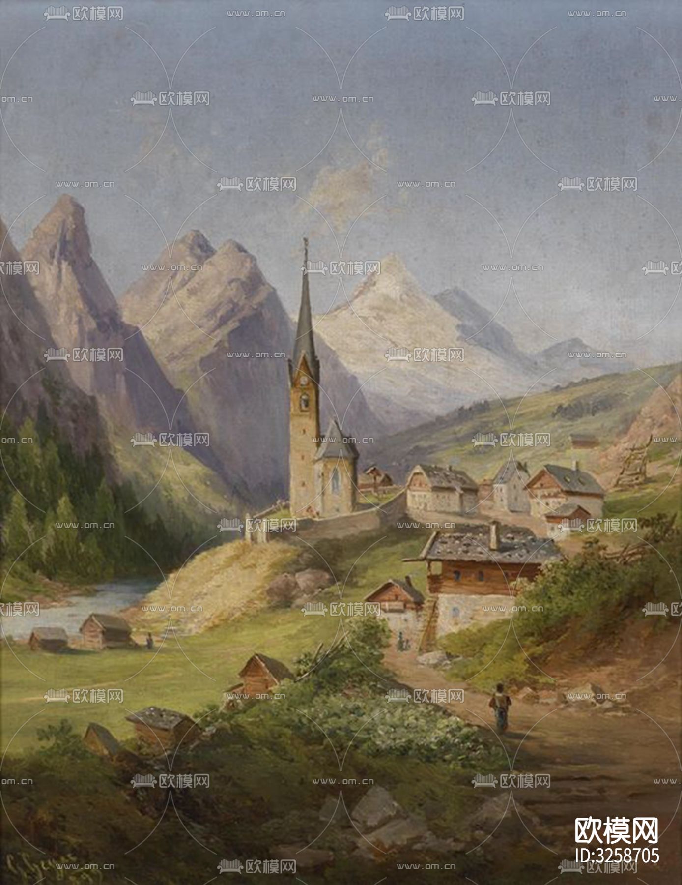 欧式建筑风景油画挂画贴图下载（渲染图1）