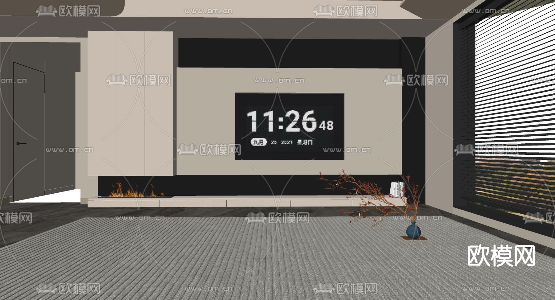 奶油风电视背景su模型下载（渲染图1）