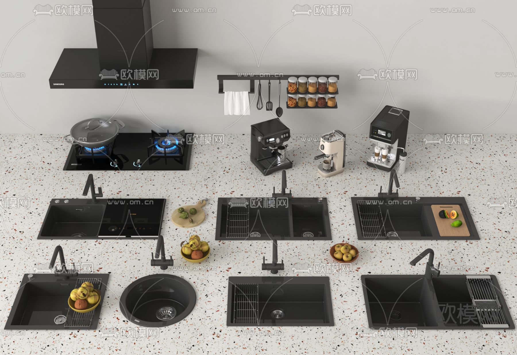 水槽 洗菜盆 煤气灶 油烟机3d模型下载