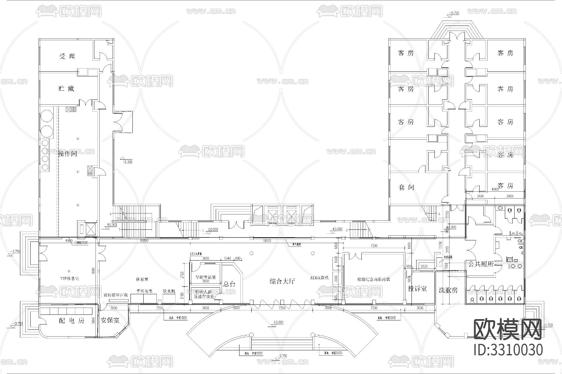 游客接待文旅景区服务中心驿站cad平面图下载（渲染图3）