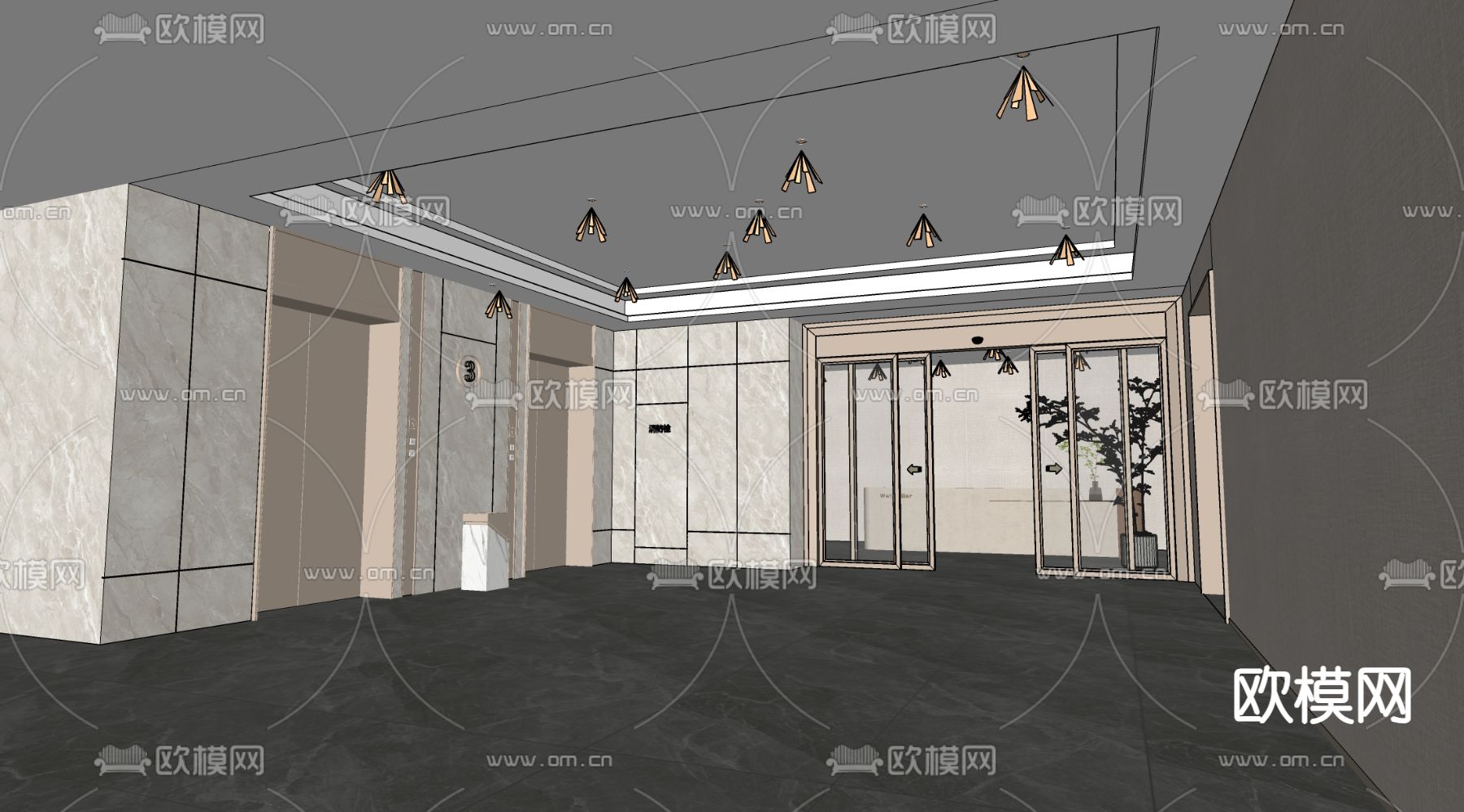 现代电梯厅 大堂su模型下载（渲染图1）