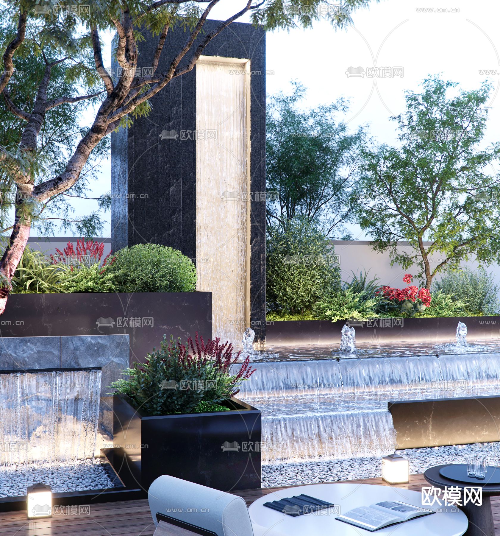 叠水景观 跌水水帘 喷泉水景3d模型下载