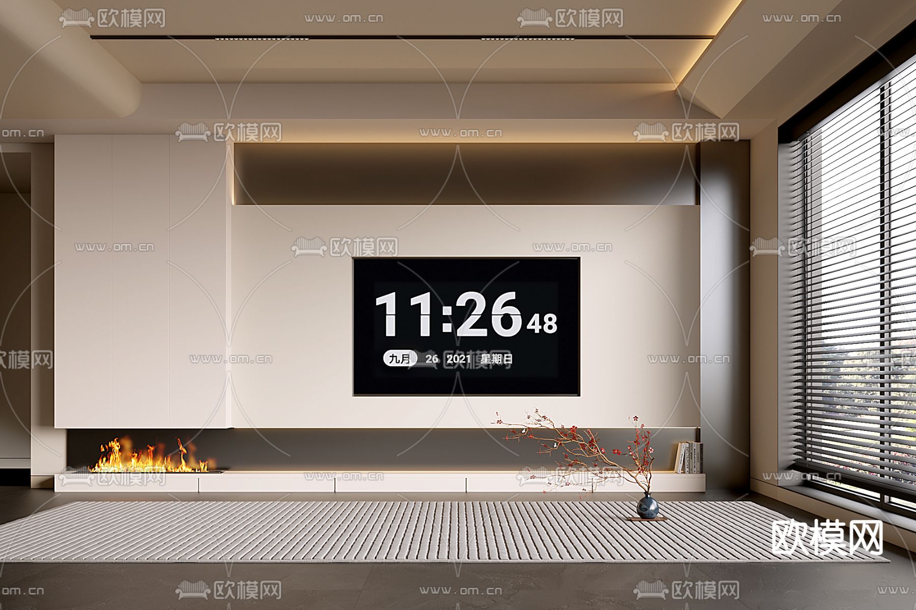 奶油风电视背景su模型下载（渲染图2）