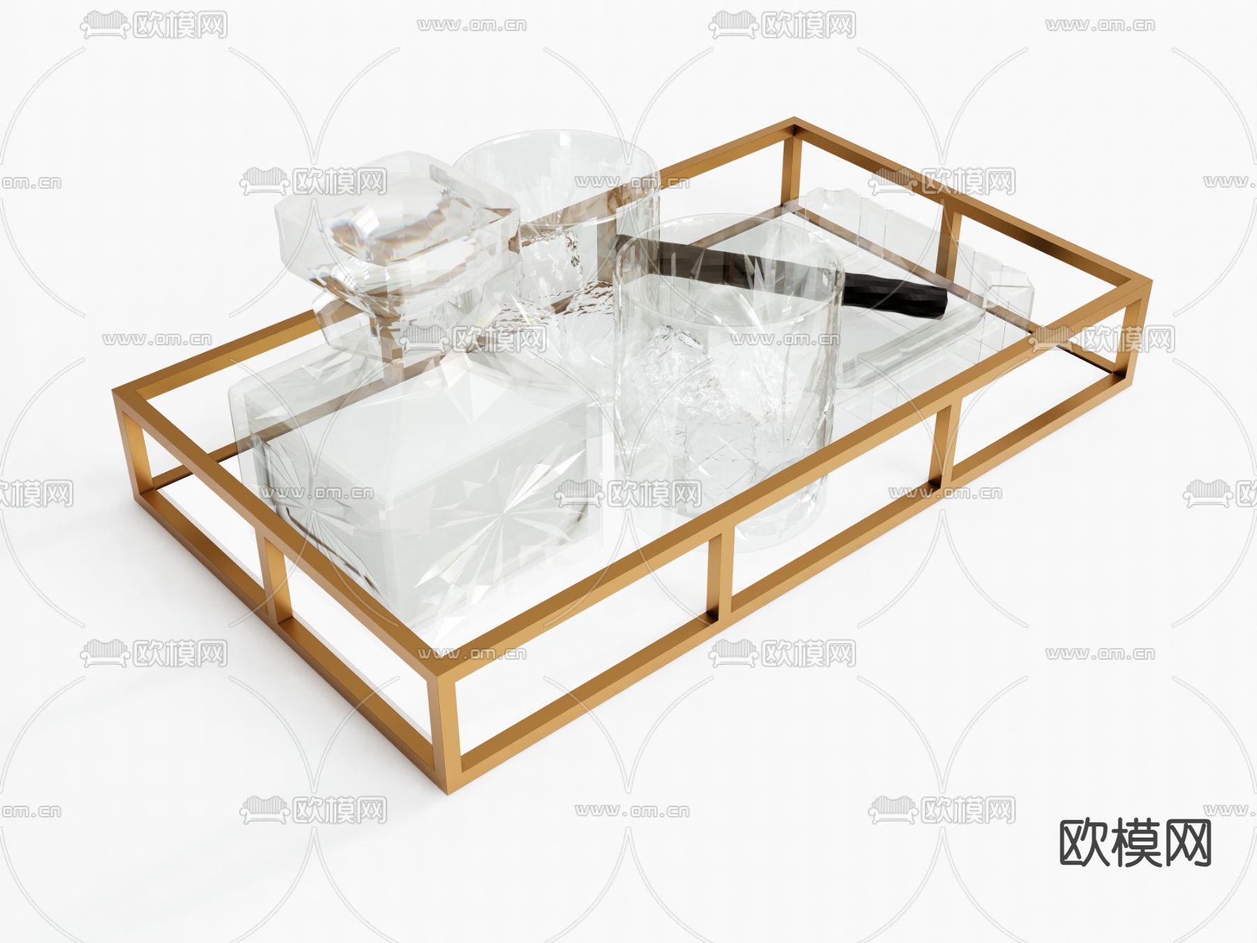 现代酒具 酒瓶 酒杯 托盘su模型下载（渲染图2）