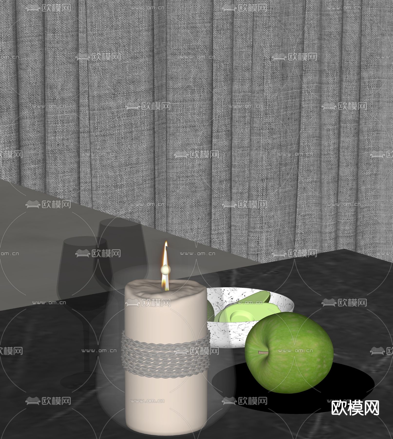 蜡烛 水果 苹果 水杯 摆件su模型下载（渲染图2）