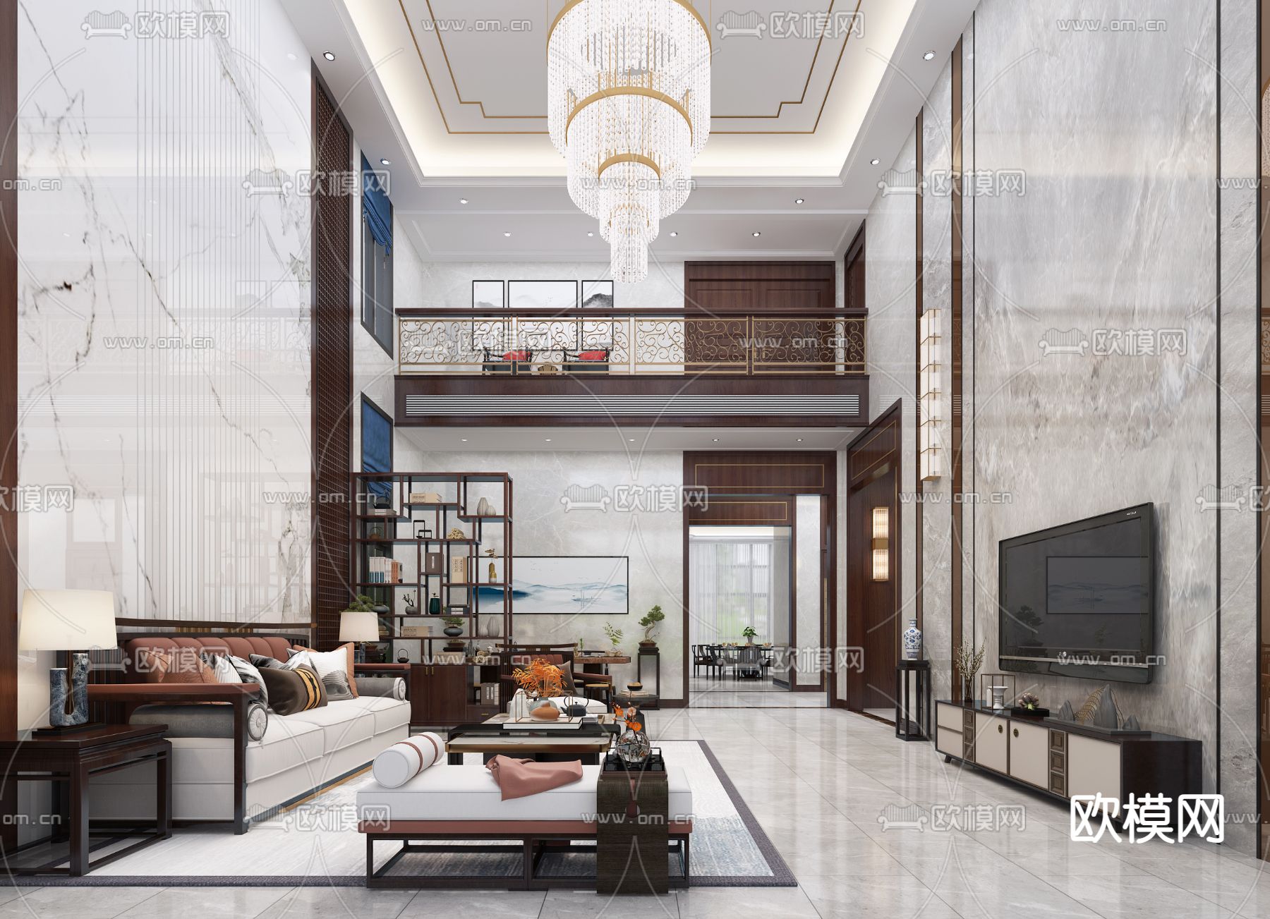 新中式别墅客厅3d模型下载（渲染图1）
