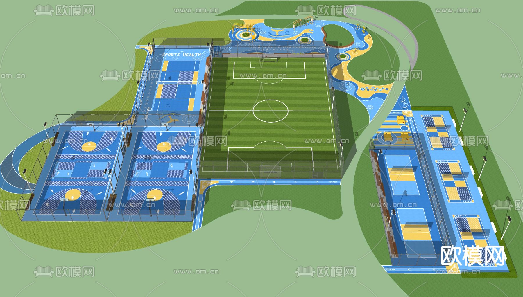 篮球场 羽毛球 足球场su模型下载