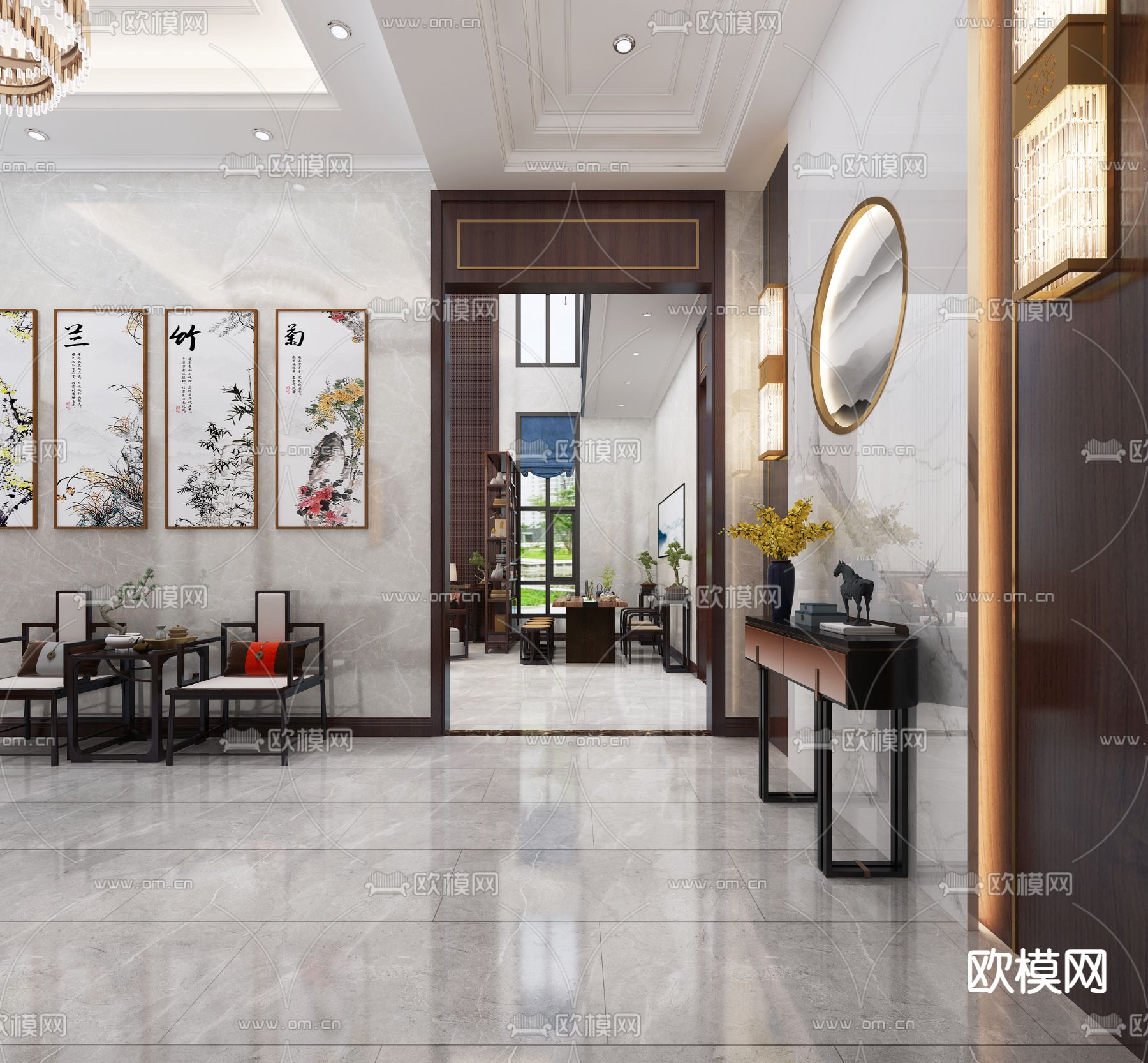新中式别墅客厅3d模型下载（渲染图2）