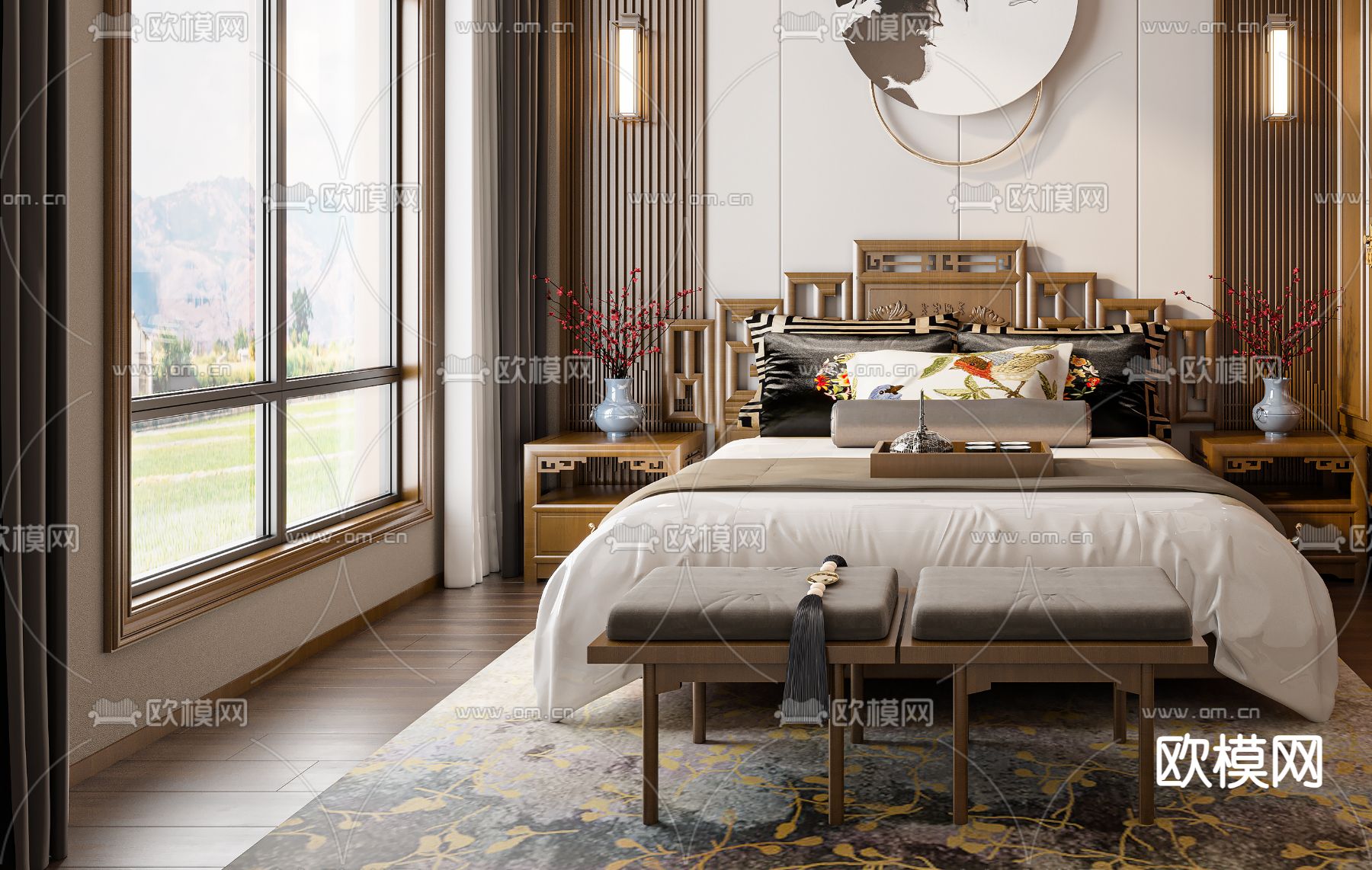 中式卧室 主人房3d模型下载（渲染图2）