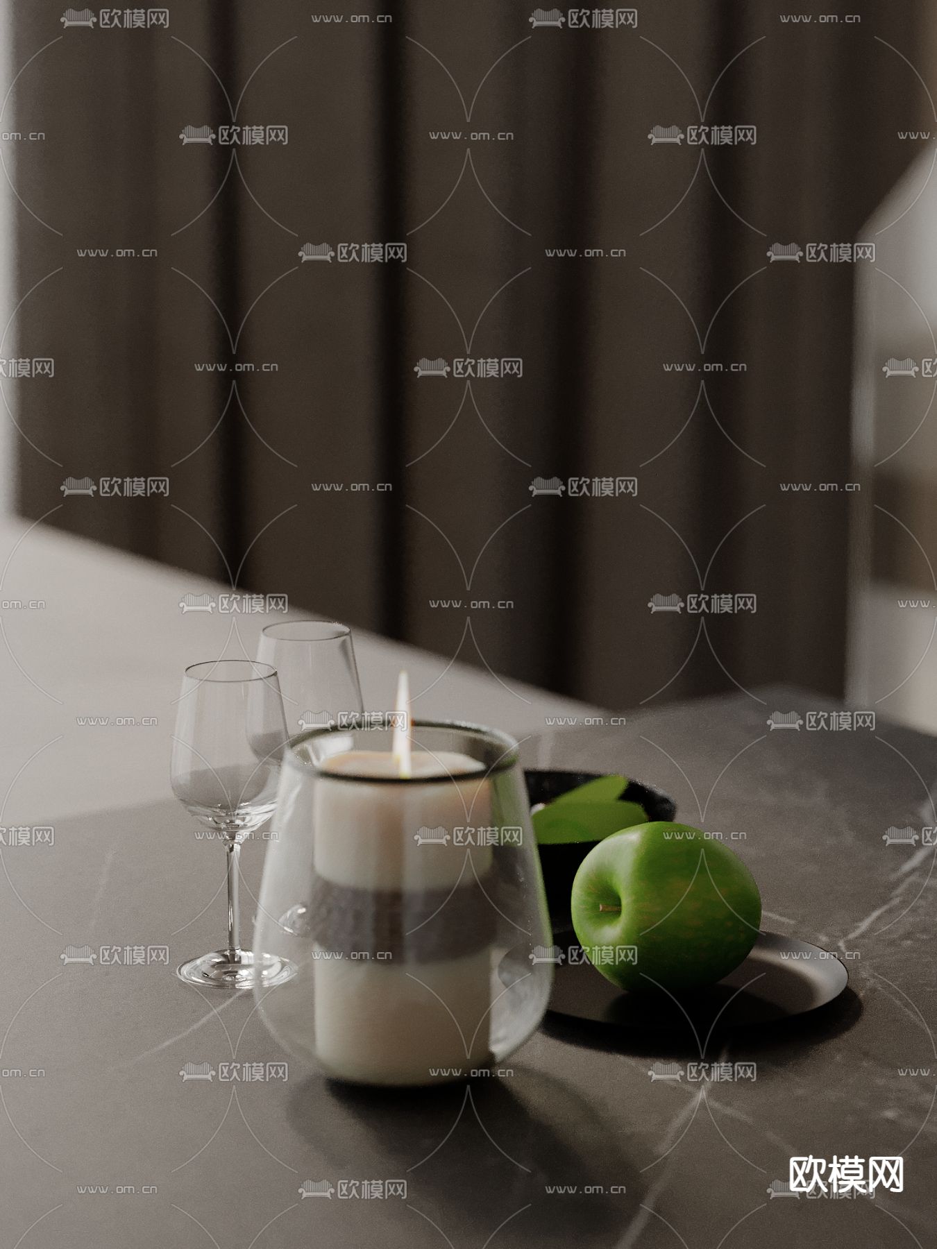 蜡烛 水果 苹果 水杯 摆件su模型下载（渲染图1）