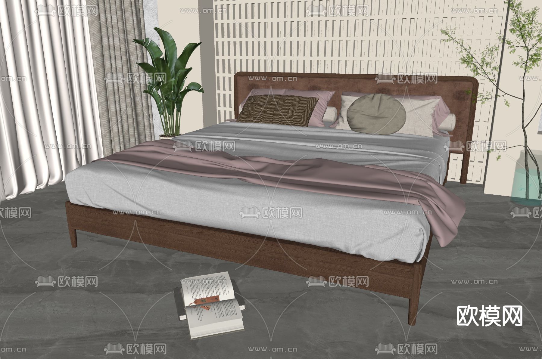 北欧双人床su模型下载（渲染图1）