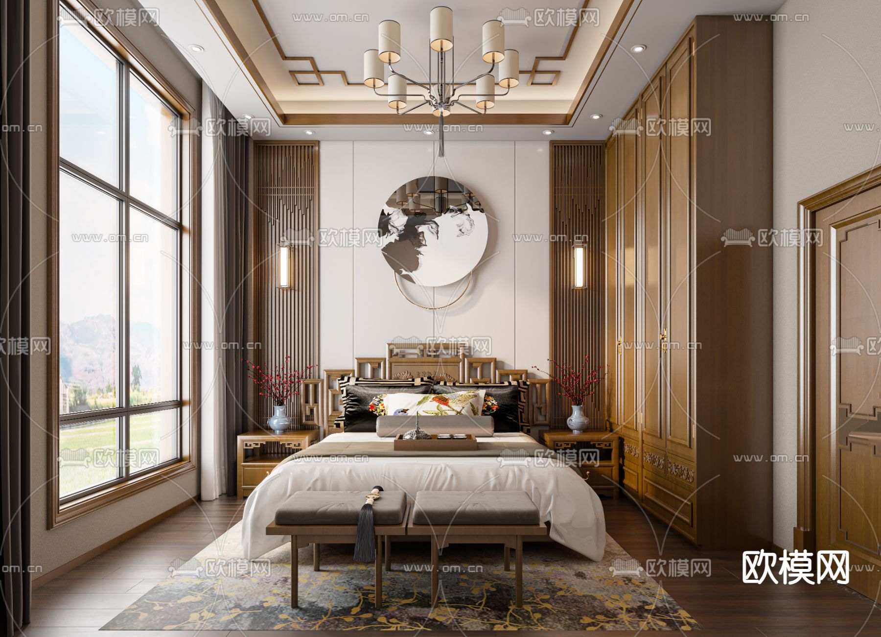 中式卧室 主人房3d模型下载（渲染图1）