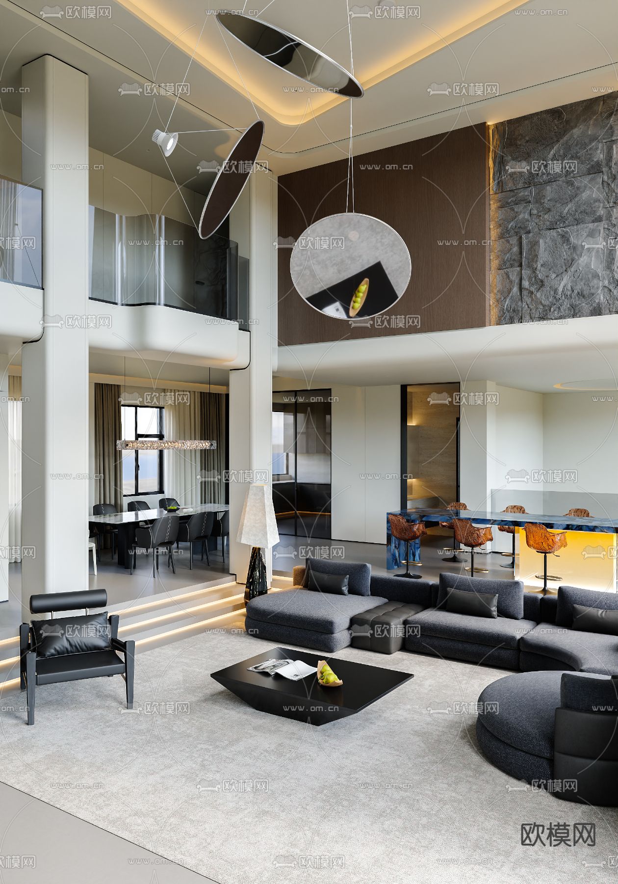 别墅大堂 别墅客餐厅3d模型下载（渲染图3）