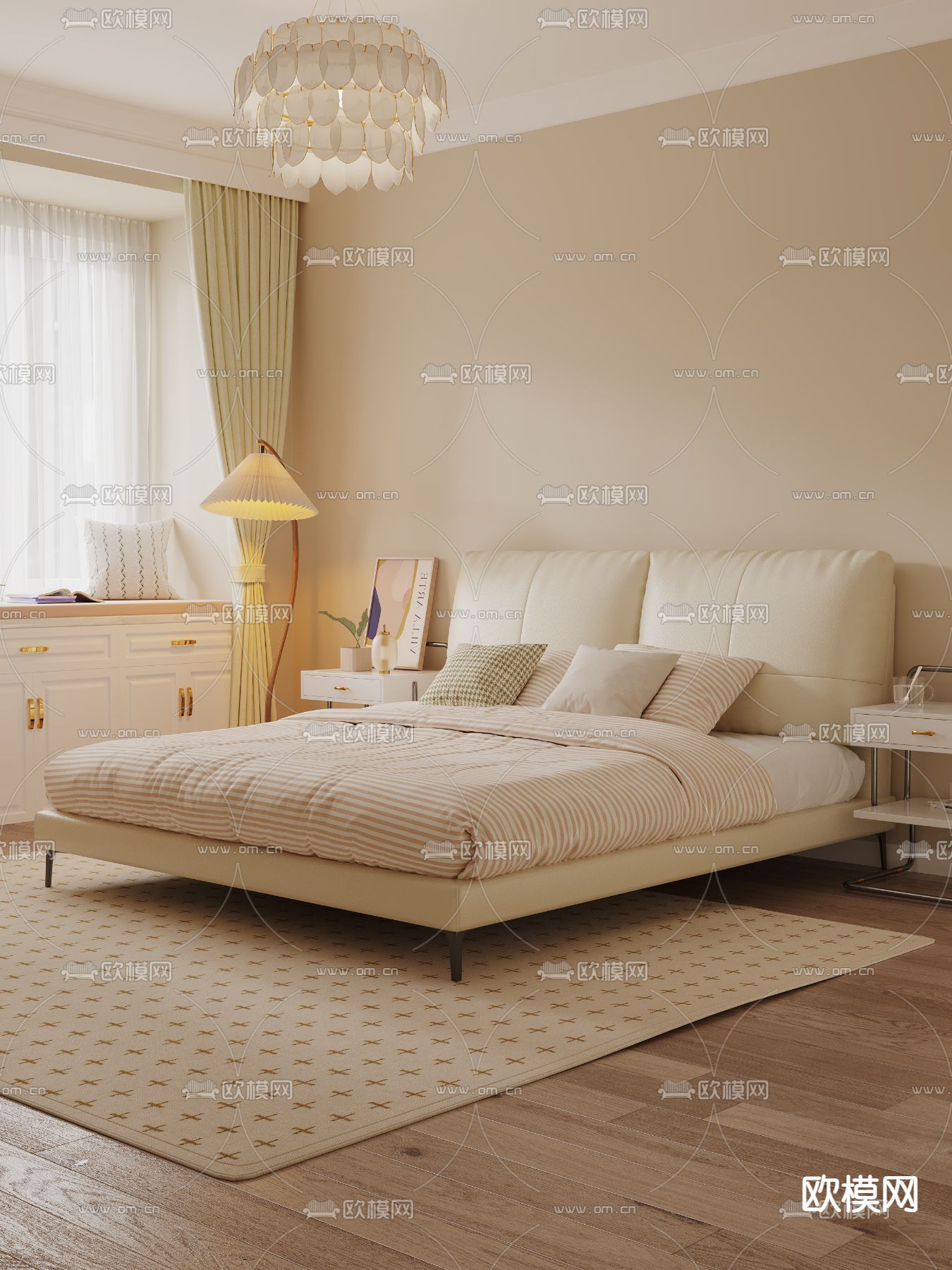 奶油风双人床3d模型下载
