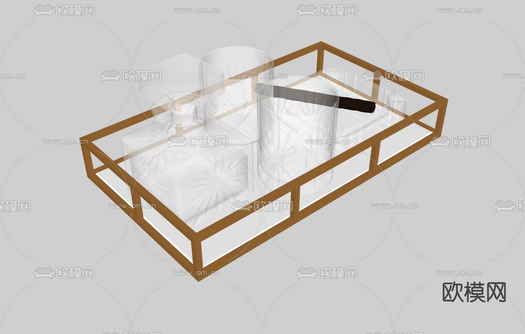 现代酒具 酒瓶 酒杯 托盘su模型下载（渲染图1）