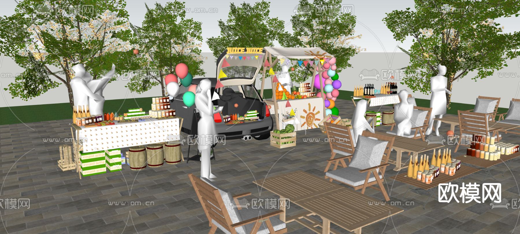 车尾箱摆摊集市su模型下载（渲染图1）